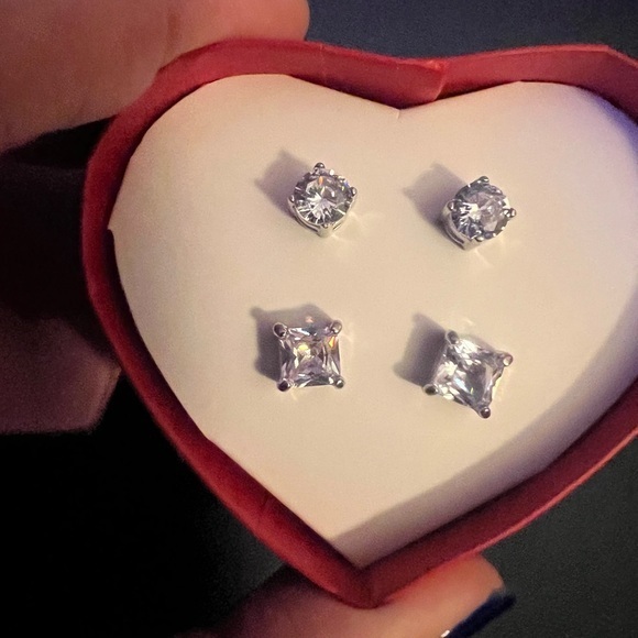 Jewelry - Two Pairs Cubic Zirconia Earrings In Heart Shaped Box